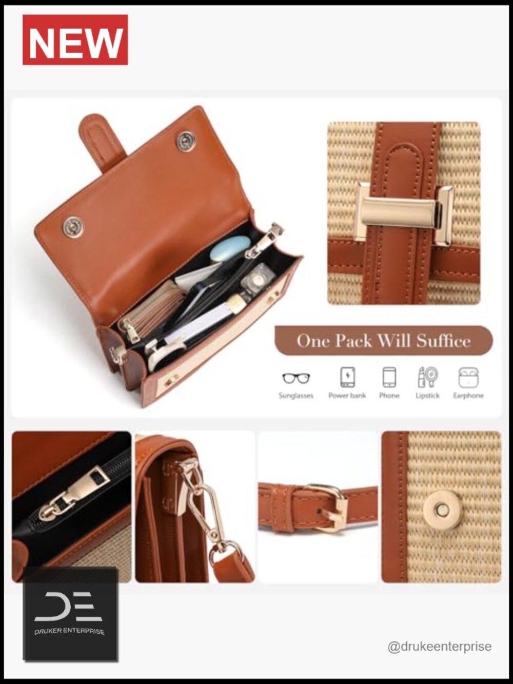 Straw Crossbody Bag, Vegan Leather Patchwork Summer Purse with Top Handle, - Picture 5 of 6